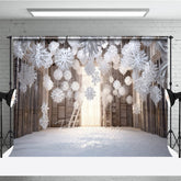 Aperturee - Aperturee Winter Wonderland Photography Backdrop with Hanging Paper Snowflakes White Christmas Rustic Holiday Photo Booth